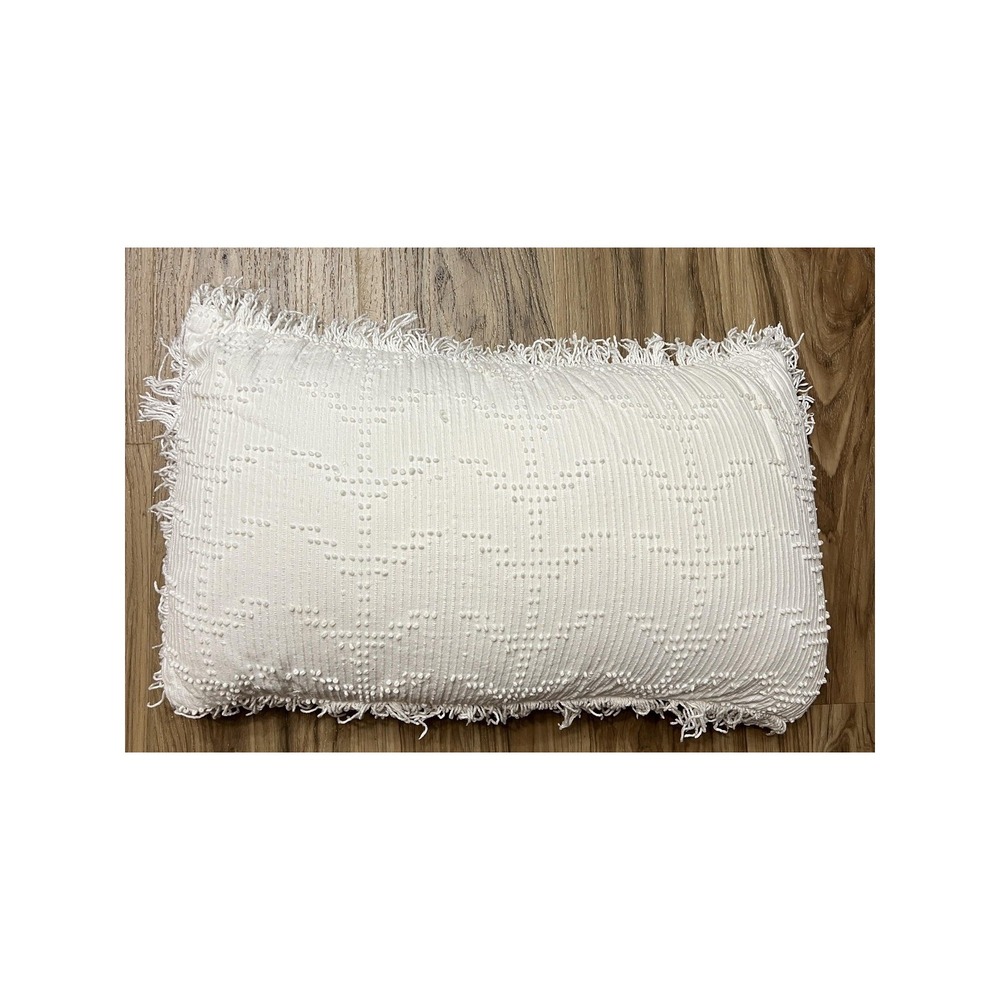 DKNY Throw Pillow White Cotton Textured Lumbar Decorative Fringe Trim 12x22